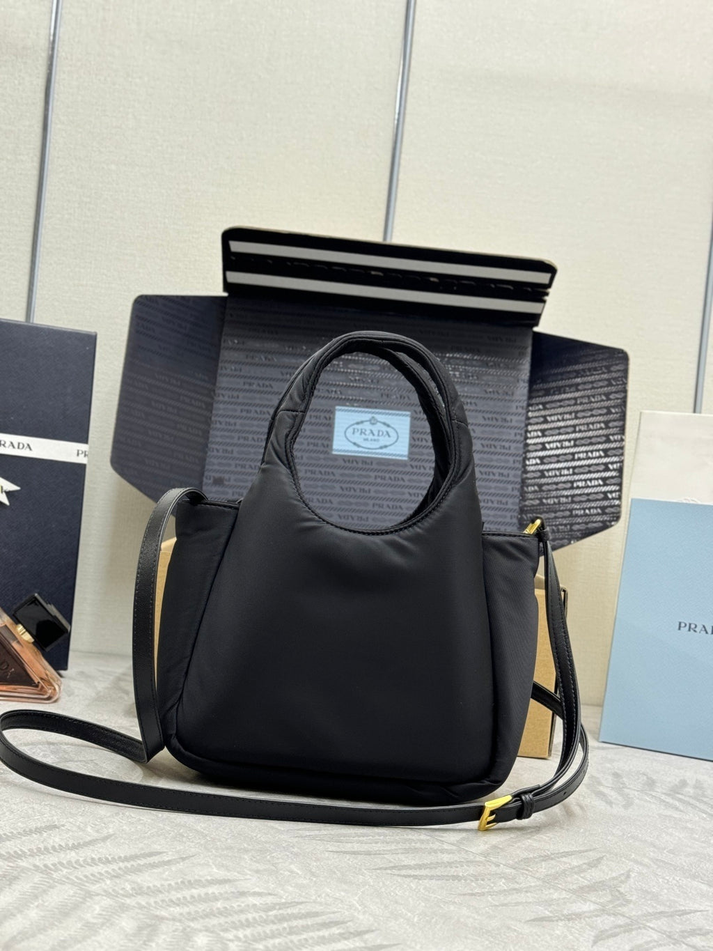 Black Padded Re-Nylon Women Bag